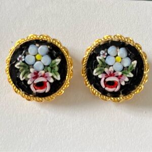 Vintage Italian Floral Micro-Mosaic Gold-Tone Stud Earrings -
